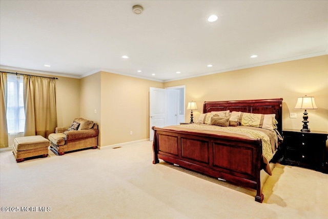 bedroom with light colored carpet, recessed lighting, crown molding, and baseboards
