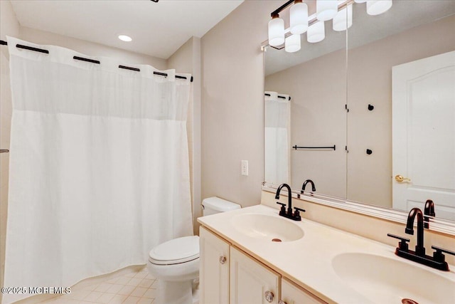 full bathroom featuring toilet, double vanity, recessed lighting, a shower with curtain, and tile patterned flooring