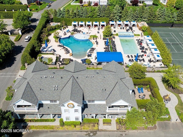aerial view of a pool area