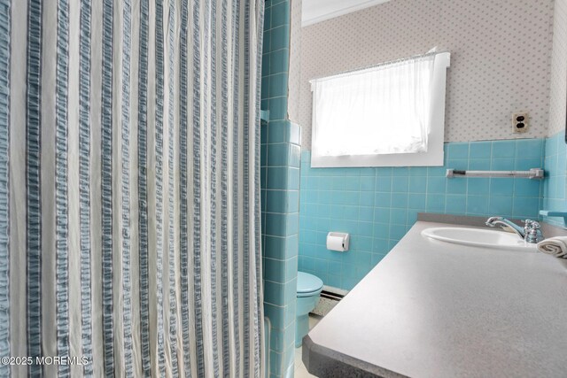 58 River Ave, Island Heights, NJ 08732 - full bathroom featuring tile walls, toilet, wallpapered walls, and vanity