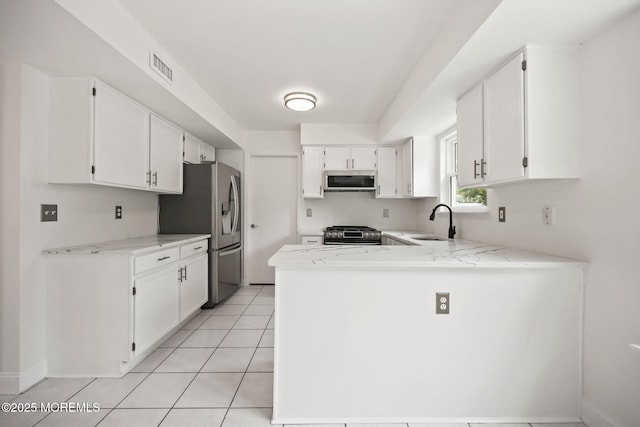 kitchen with stainless steel appliances, a sink, a peninsula, and white cabinets