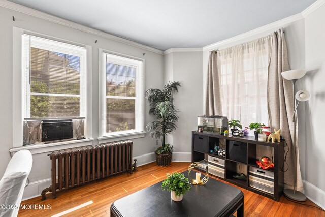 329 Hollywood Ave, Long Branch, NJ 07740 - living area featuring radiator heating unit, crown molding, wood finished floors, and baseboards