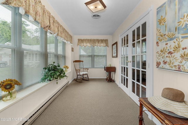 2A Jackson Ct, Whiting, NJ 08759 - sunroom featuring a baseboard heating unit, french doors, carpet floors, and baseboards