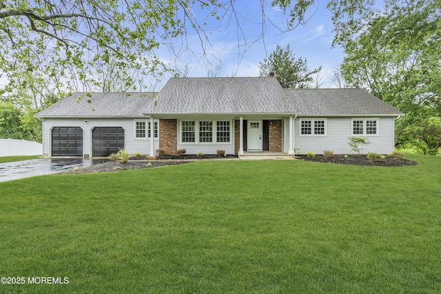 92 Sargent Rd, Freehold, NJ 07728 - ranch-style house with driveway, a garage, a front yard, a chimney, and roof with shingles
