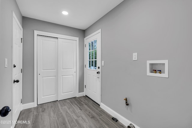 92 Sargent Rd, Freehold, NJ 07728 - laundry area with hookup for a washing machine, baseboards, wood finished floors, and recessed lighting