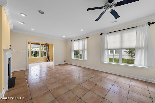7 Spring Lake Ct, Barnegat, NJ 08005 - unfurnished living room featuring plenty of natural light, crown molding, baseboards, recessed lighting, and a ceiling fan