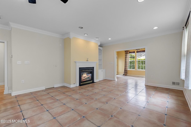 7 Spring Lake Ct, Barnegat, NJ 08005 - unfurnished living room with crown molding, a glass covered fireplace, recessed lighting, baseboards, and light tile patterned floors