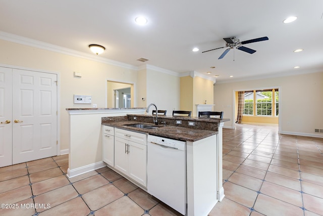 7 Spring Lake Ct, Barnegat, NJ 08005 - kitchen featuring a sink, white dishwasher, ornamental molding, ceiling fan, and dark stone counters