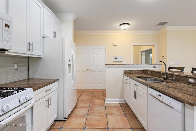 7 Spring Lake Ct, Barnegat, NJ 08005 - kitchen featuring white appliances, a sink, ornamental molding, white cabinets, and backsplash