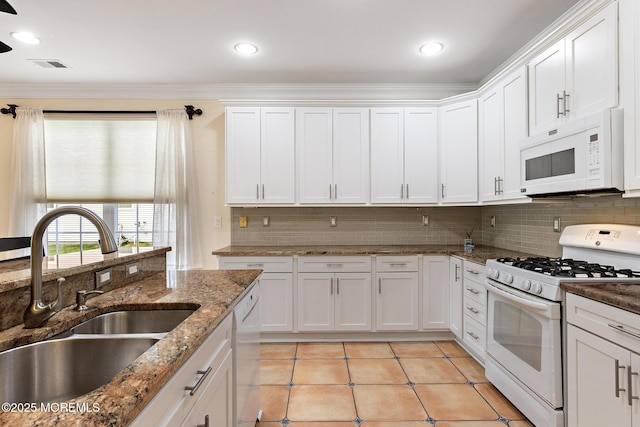 7 Spring Lake Ct, Barnegat, NJ 08005 - kitchen with white appliances, a sink, crown molding, white cabinetry, and light tile patterned floors