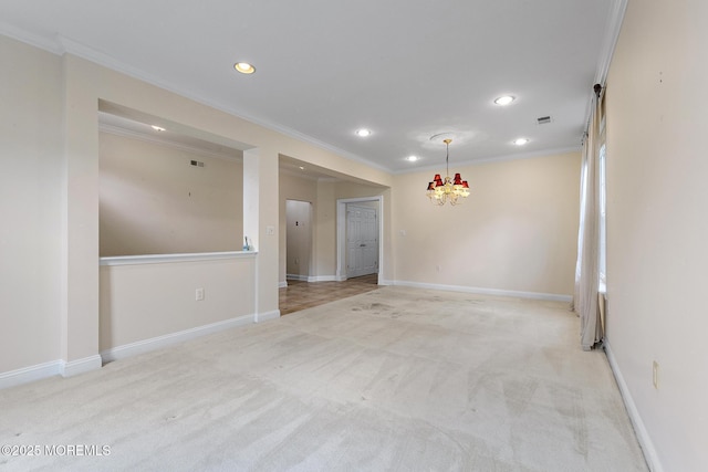 7 Spring Lake Ct, Barnegat, NJ 08005 - spare room with a chandelier, recessed lighting, light carpet, baseboards, and crown molding