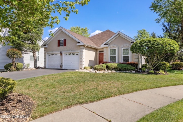 7 Spring Lake Ct, Barnegat, NJ 08005 - view of front facade featuring stucco siding, asphalt driveway, a front lawn, an attached garage, and a shingled roof