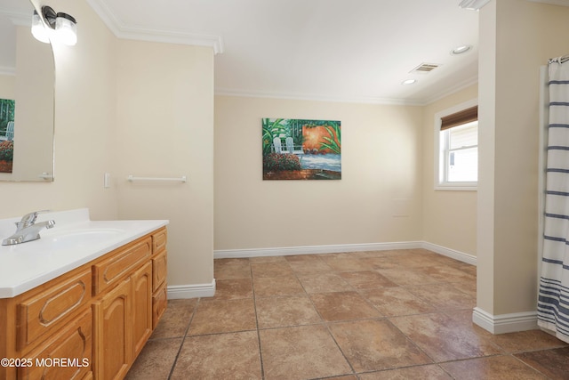 full bathroom featuring crown molding, baseboards, vanity, and recessed lighting