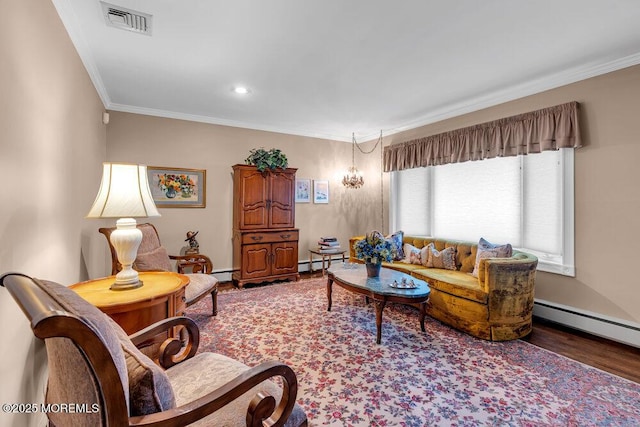 living area featuring ornamental molding, wood finished floors, baseboard heating, baseboards, and recessed lighting