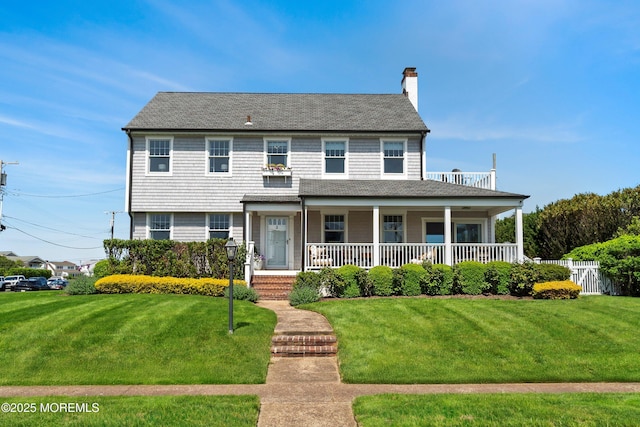view of front of property featuring covered porch, a chimney, and a shingled roof