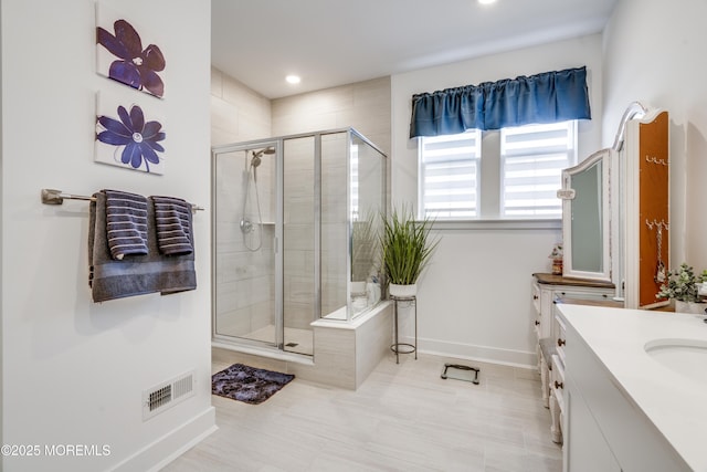 22 Keeneland Rd, New Egypt, NJ 08533 - bathroom with baseboards, a shower stall, vanity, tile patterned floors, and recessed lighting