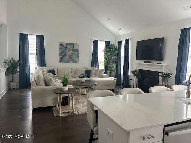 22 Keeneland Rd, New Egypt, NJ 08533 - living room featuring high vaulted ceiling, plenty of natural light, dark wood-type flooring, a fireplace, and baseboards