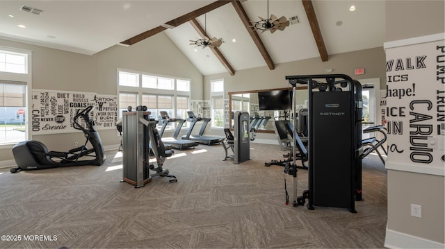 22 Keeneland Rd, New Egypt, NJ 08533 - gym featuring carpet floors, high vaulted ceiling, baseboards, beamed ceiling, and recessed lighting
