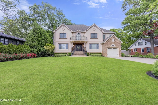 821 Woodland Dr, Lakewood, NJ 08701 - view of front of house with concrete driveway, a front yard, a balcony, stucco siding, and an attached garage