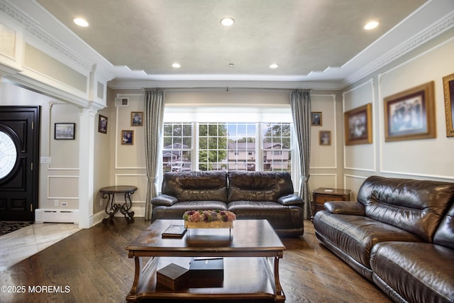 821 Woodland Dr, Lakewood, NJ 08701 - living room with a decorative wall, ornamental molding, wood finished floors, recessed lighting, and baseboard heating