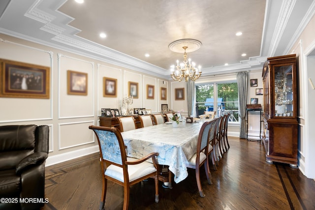 821 Woodland Dr, Lakewood, NJ 08701 - dining room featuring a decorative wall, ornamental molding, a chandelier, dark wood-style flooring, and recessed lighting