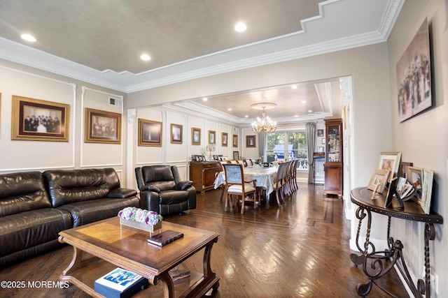 821 Woodland Dr, Lakewood, NJ 08701 - living area with a chandelier, crown molding, dark wood finished floors, and a decorative wall