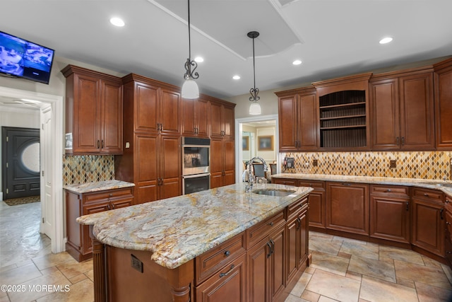 821 Woodland Dr, Lakewood, NJ 08701 - kitchen with a sink, stainless steel double oven, open shelves, decorative backsplash, and recessed lighting