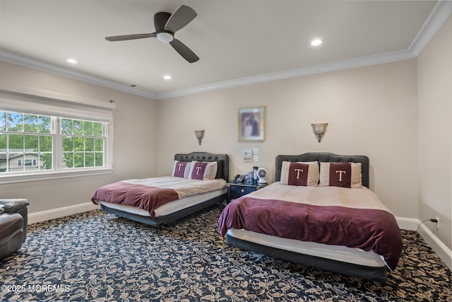 821 Woodland Dr, Lakewood, NJ 08701 - carpeted bedroom featuring baseboards, recessed lighting, crown molding, and ceiling fan