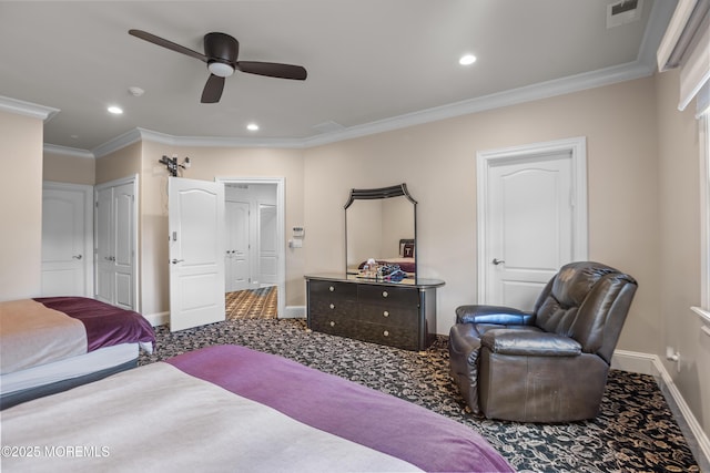 821 Woodland Dr, Lakewood, NJ 08701 - carpeted bedroom with ornamental molding, baseboards, recessed lighting, and a ceiling fan