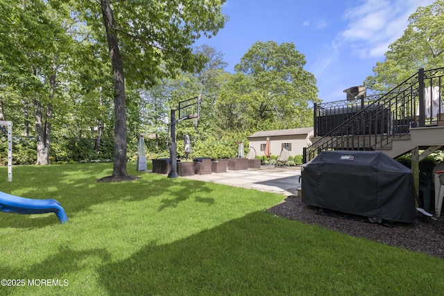 821 Woodland Dr, Lakewood, NJ 08701 - view of grassy yard with stairway and a patio