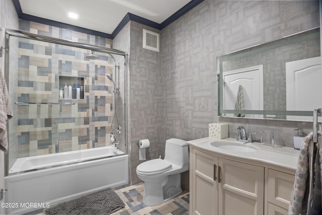 821 Woodland Dr, Lakewood, NJ 08701 - bathroom with crown molding, shower / bath combination with glass door, toilet, and vanity