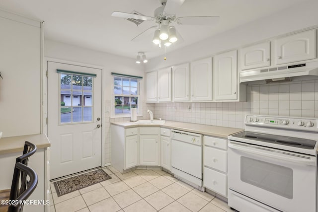 1164B Argyll Cir, Lakewood, NJ 08701 - kitchen featuring white appliances, under cabinet range hood, white cabinetry, light countertops, and a ceiling fan