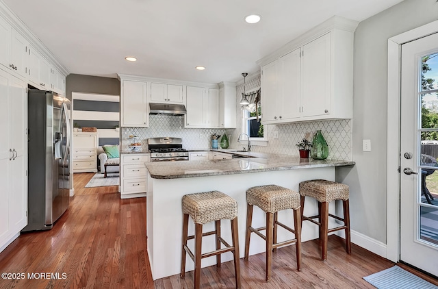 kitchen featuring stainless steel appliances, under cabinet range hood, a peninsula, dark wood-style floors, and recessed lighting