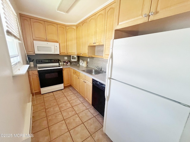 kitchen with white appliances, a sink, light brown cabinetry, light tile patterned floors, and light countertops