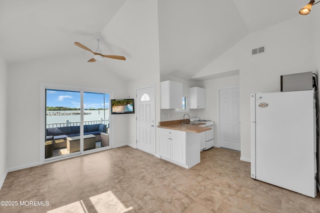433 Bayside Ter Unit 1, Seaside Heights, NJ 08751 - kitchen with white appliances, white cabinets, a sink, a ceiling fan, and high vaulted ceiling