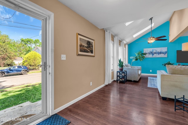 26 Morningside Ave, Keansburg, NJ 07734 - living room featuring lofted ceiling, wood finished floors, a ceiling fan, a skylight, and baseboards