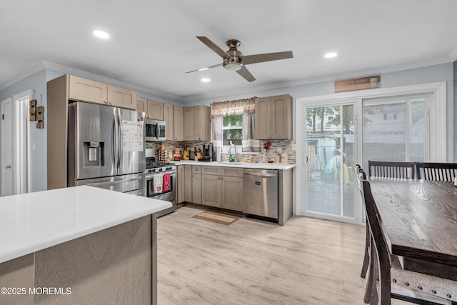 312 Dogwood Dr, Brick, NJ 08723 - kitchen with appliances with stainless steel finishes, a ceiling fan, ornamental molding, backsplash, and light countertops