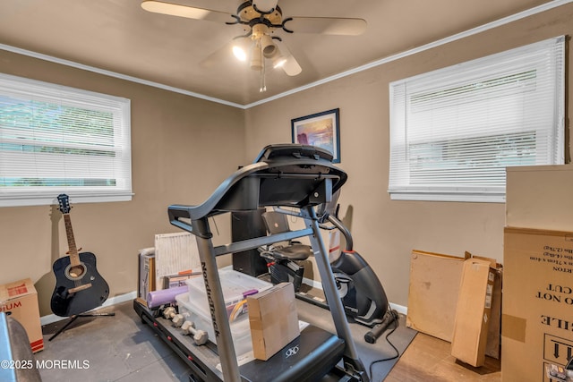 312 Dogwood Dr, Brick, NJ 08723 - workout room featuring ceiling fan, baseboards, and ornamental molding