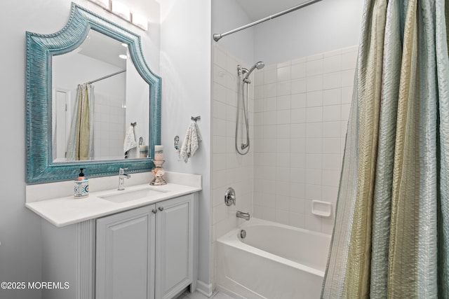 full bathroom with shower / tub combo with curtain and vanity