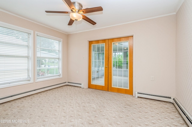 821 Jamaica Blvd, Toms River, NJ 08757 - unfurnished room with french doors, a baseboard heating unit, a ceiling fan, and crown molding