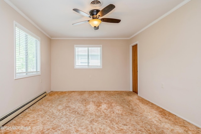 821 Jamaica Blvd, Toms River, NJ 08757 - spare room featuring a baseboard radiator, ceiling fan, crown molding, and carpet