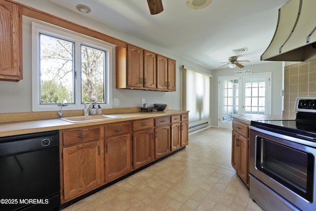 113 Ash Rd Unit 8, Manahawkin, NJ 08050 - kitchen featuring electric range, ceiling fan, dishwasher, a sink, and a baseboard heating unit