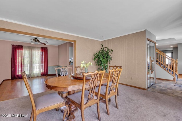 1430 Forest Ave, Brick, NJ 08724 - dining area with baseboards, stairway, ceiling fan, carpet floors, and ornamental molding