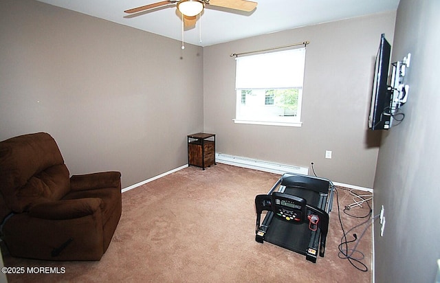 5 Brooklane Ct Unit 60, Manchester, NJ 08759 - workout room featuring a baseboard heating unit, ceiling fan, carpet floors, and baseboards