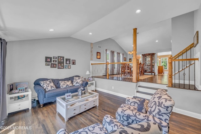 living room featuring wood finished floors, vaulted ceiling, recessed lighting, stairway, and baseboards
