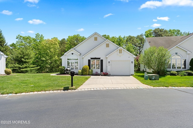 view of front of property with driveway, a garage, and a front lawn
