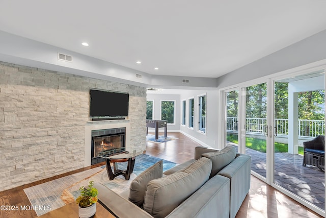 401 Overlook Dr, Neptune Township, NJ 07753 - living area with wood finished floors, a fireplace, and recessed lighting