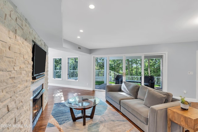 401 Overlook Dr, Neptune Township, NJ 07753 - living room with baseboards, a fireplace, recessed lighting, and wood finished floors