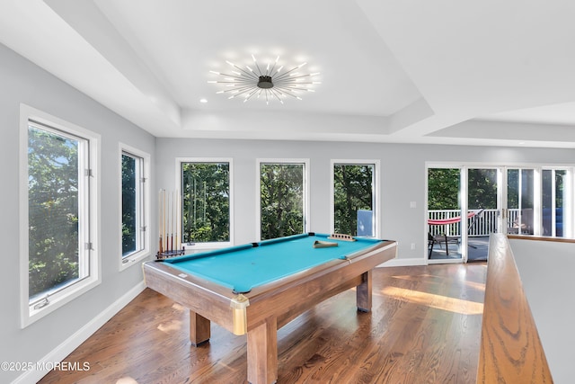 401 Overlook Dr, Neptune Township, NJ 07753 - rec room featuring a raised ceiling, pool table, wood finished floors, baseboards, and recessed lighting