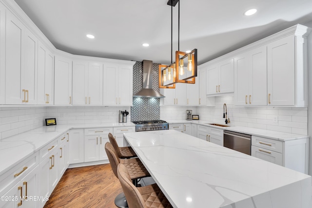 401 Overlook Dr, Neptune Township, NJ 07753 - kitchen featuring wall chimney range hood, a sink, dishwasher, stove, and a breakfast bar area